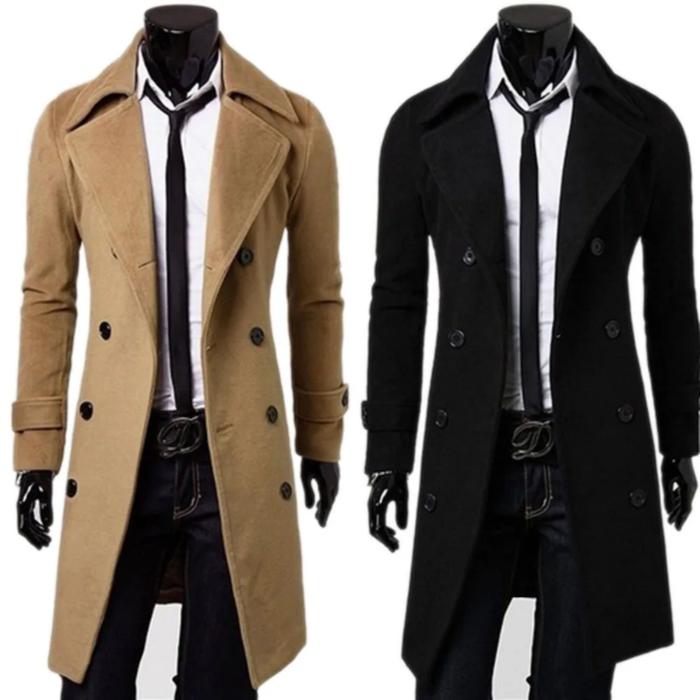 Fashion Autumn Long Trench High Quality Self-cultivation Solid Color Men's Coat Double-breasted Jacket_voghion.com