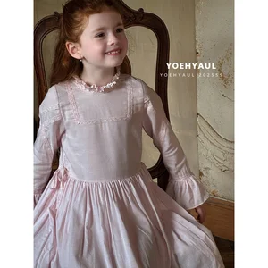 YOEHYAUL 25157 100% Cotton Lace Crew Neck Dress Trumpet Cuffs Autumn Long Sleeve Pink Ruffled Knee-Length Dress Kids Girls Dress