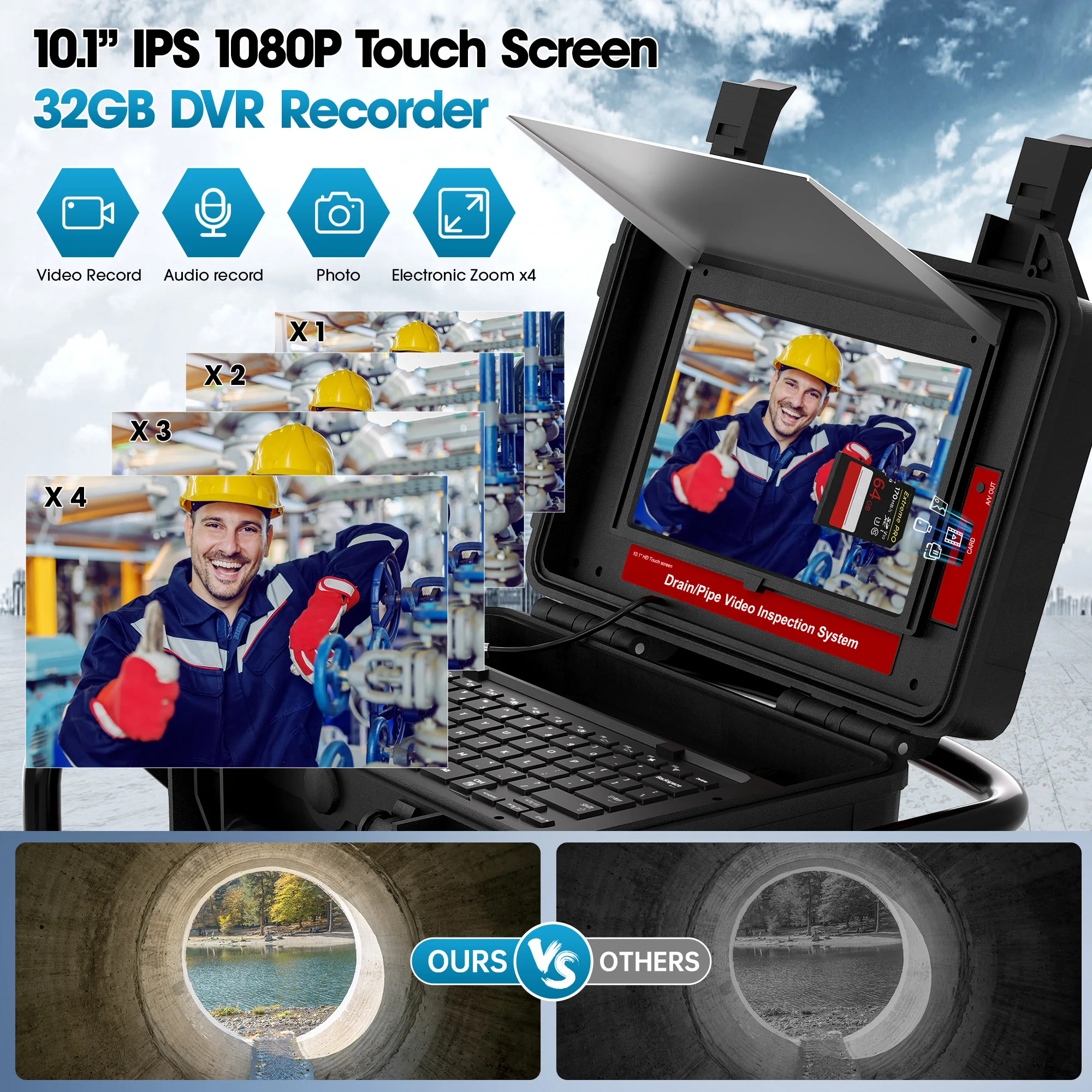 Self-leveling&512Hz Sonde&Locator Sewer Camera 10.1inch Touch Screen Meter Counter Pipe Inspection Video Camera 16GB Card Drain Camera Factory Directly