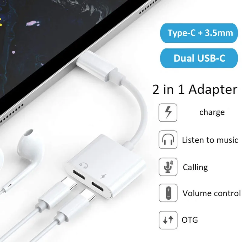 2 in 1 Dual Type C Adapter USB Type C Splitter Convertor Audio Phone Charging Charger Adapter for Xiaomi Vivo Android