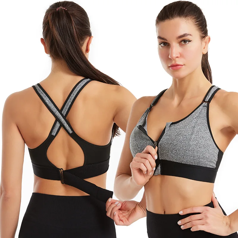 Cross Back Sports Bra with Front Zipper Shockproof Fitness Yoga Gym Plus Size High Elasticity Bra