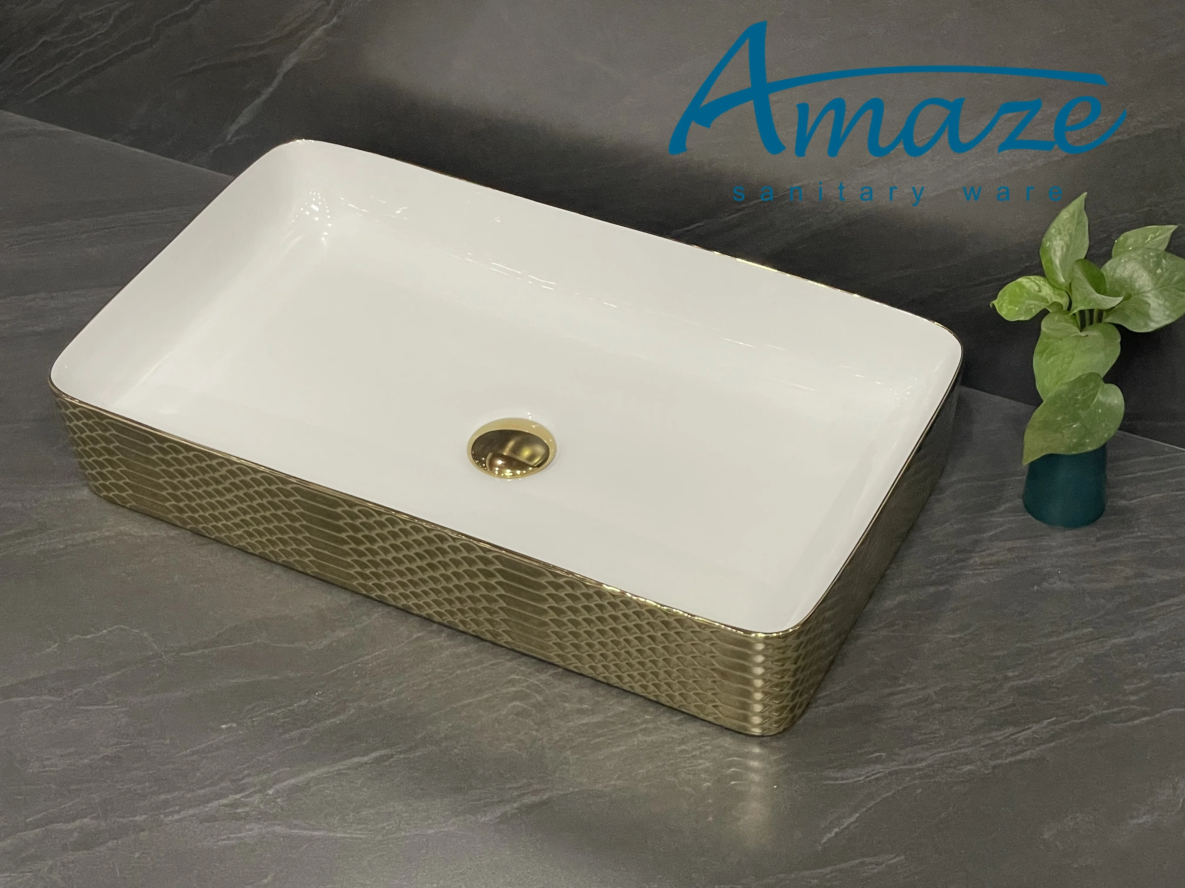 Gold rectangular countertop hand wash basin hotel bathroom luxury ceramic art basin sink factory