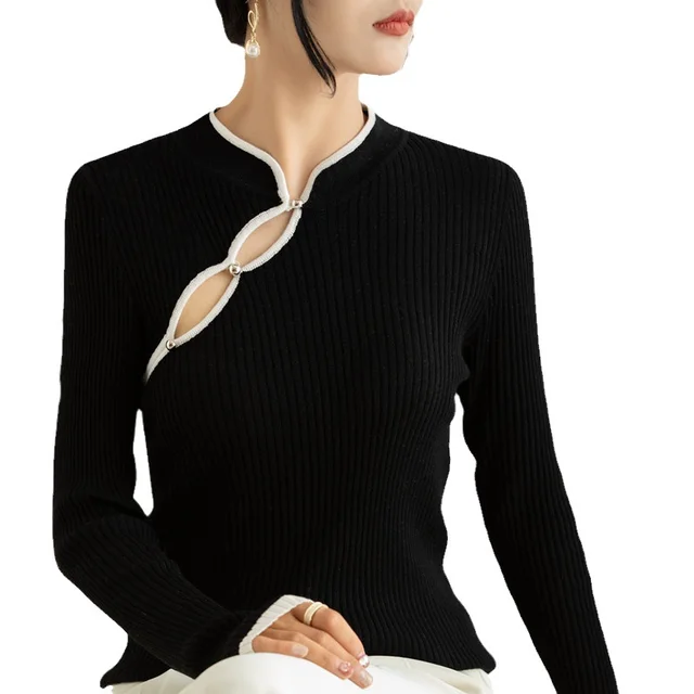 Autumn's New Sexy Sweater for Women Chinese Style Oblique Placket Waist Knitted Casual Style with Turtleneck