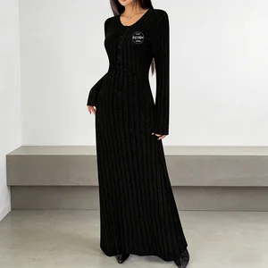 Cross-border Foreign Trade Large Size XL-5XL Spring Autumn Vintage Long Sanding Pit Strip Fashion Elegant V-neck Women's Dress