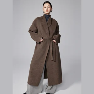 Autumn and Winter Lace up Extended Wool Coat for Women Lazy Casual Style Bathrobe Style Double-sided Cashmere Coat