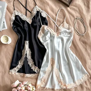 2026 New Satin Nightdress Contrast Lace V-neck Chemise Dress Erotic Backless Nightie Soft Women's Pajamas