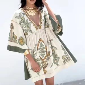Custom Artistic Embroidery Dress Stunning Boho Style Half Sleeve Mini Dress Luxury High Quality Linen Dress