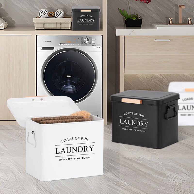 Laundry Room Series Dryer Sheets Holder Black Clamshell Washing Powder Storage Box Galvanized Iron Custom Made Laundry Bin