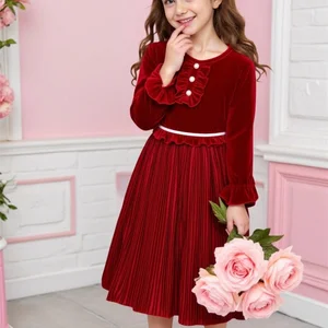 Autumn Corduroy Burgundy Kids Princess Frock Pleated O-Neck Pearls Buttons Long Sleeve Teenager Girl Dresses
