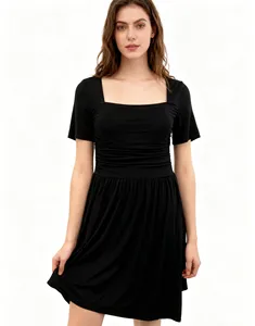 Women's Black Square-Neck Short-Sleeved Swing Dress Ruched Design Waist-Cinched Fashion for Club Occasions Summer ODM Collection