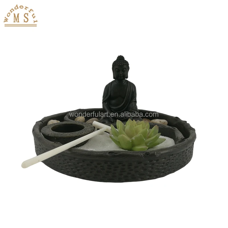 Resin zen buddha figurine sand garden box kit religious tealight holder with sand rock home decoration office desktop