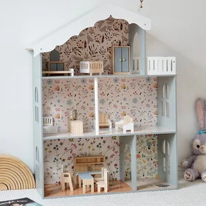 Nordic Style Wooden Three Story Villa Dollhouse with Simulation Lighting Princess Play Set for Kids Pretend House Toy