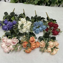 New Arrival 7 Heads Rose Flower Bouquet Red Purple Blue for House Flower Arrangement DIY Wedding Decor Silk Rose Bouquet Indoor