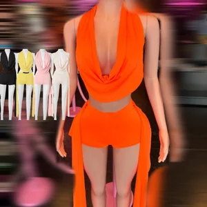 Viviblook J25ST082 New Summer 2026 Women's Swinging Collar Halter Sleeveless Backless Top Tight Hot Shorts Set Two-piece Set