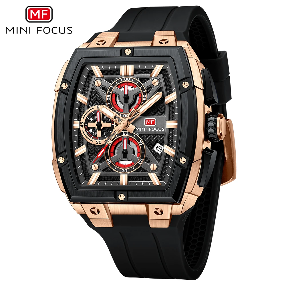 MINI FOCUS Chronograph Quartz Man New Model Watch for Men Sport Wristwatch with Black Rose Gold Silicone Strap MF0602G