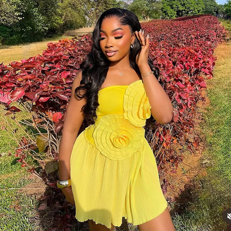 Spring new flower decorative tube top high waist A-line dress women's solid  plus size dresses 2025