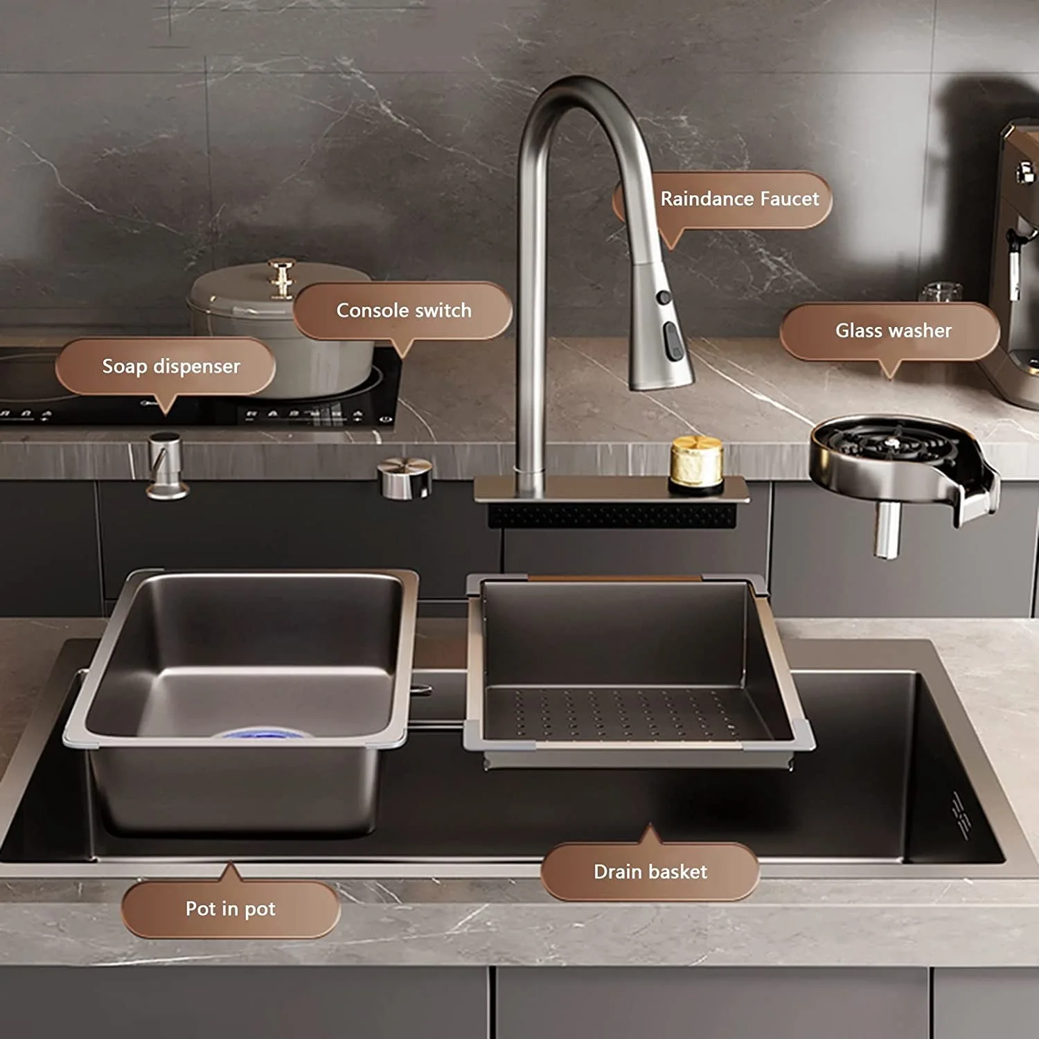 32 Inch Black Faucet Stainless Steel Sink Waterfall Spout Large Single