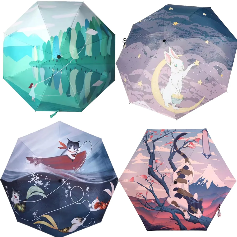 Wholesale Manual Open 3 Fold Cat Umbrella With Design Digital Printing Anime Umbrella Customized Printed Umbrella Regenschirm