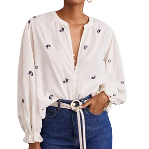 Custom High Quality Spring Autumn Causal   Flower Print Loose Shirts Women Oversized Cotton and Linen Blouses Deep V-Neck Tops