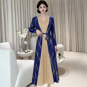 Lady's Elegant Color-blocked Pleated Long Dress - Blue and Beige V-neck Long-sleeved Dress with a Belt for Business Wear