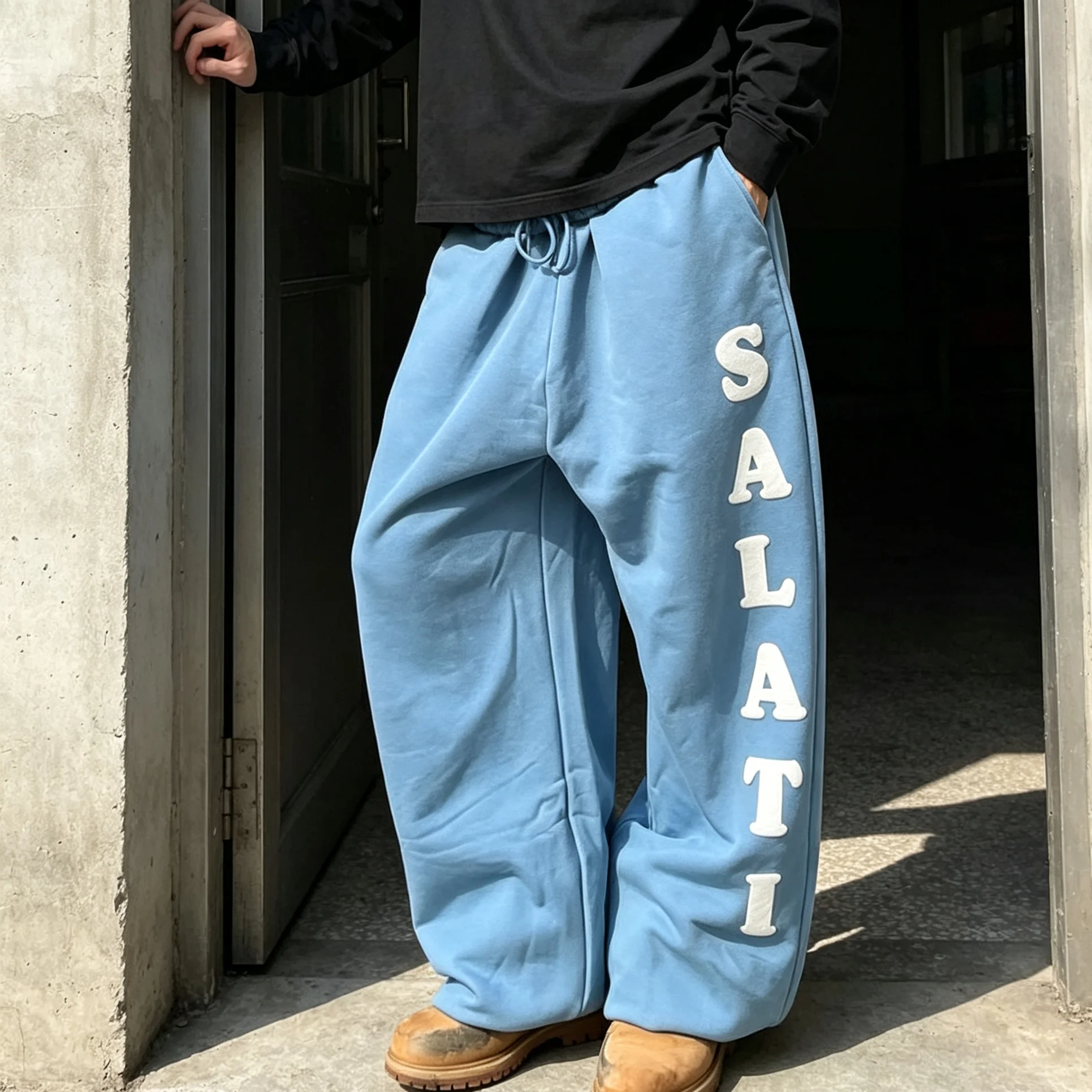 Custom 500GSM Elastic Waist Cotton Fleece Denim Vintage Stonewashed High Waist Straight Wide Leg Oversized Midweight Breathable gallery 4