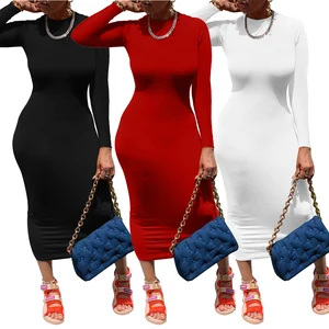 Hot Selling Stretch Bodycon Long Sleeve Casual Dress Solid Color Slim Fit Long Maxi Dresses