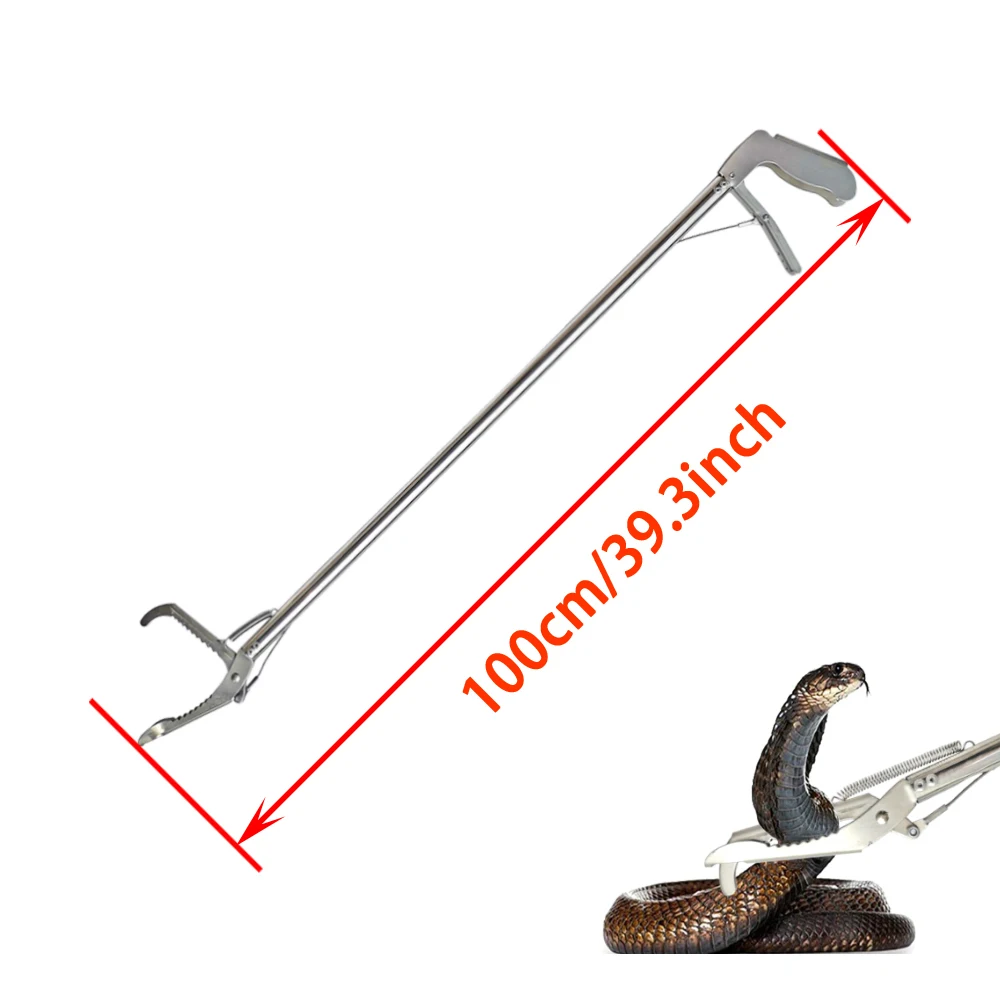 1Pc 1 Meter Self-locking Snake Catching Tool Stainless Steel Snake Tong Hook  Long Handle Tong for Snake (Silver) 