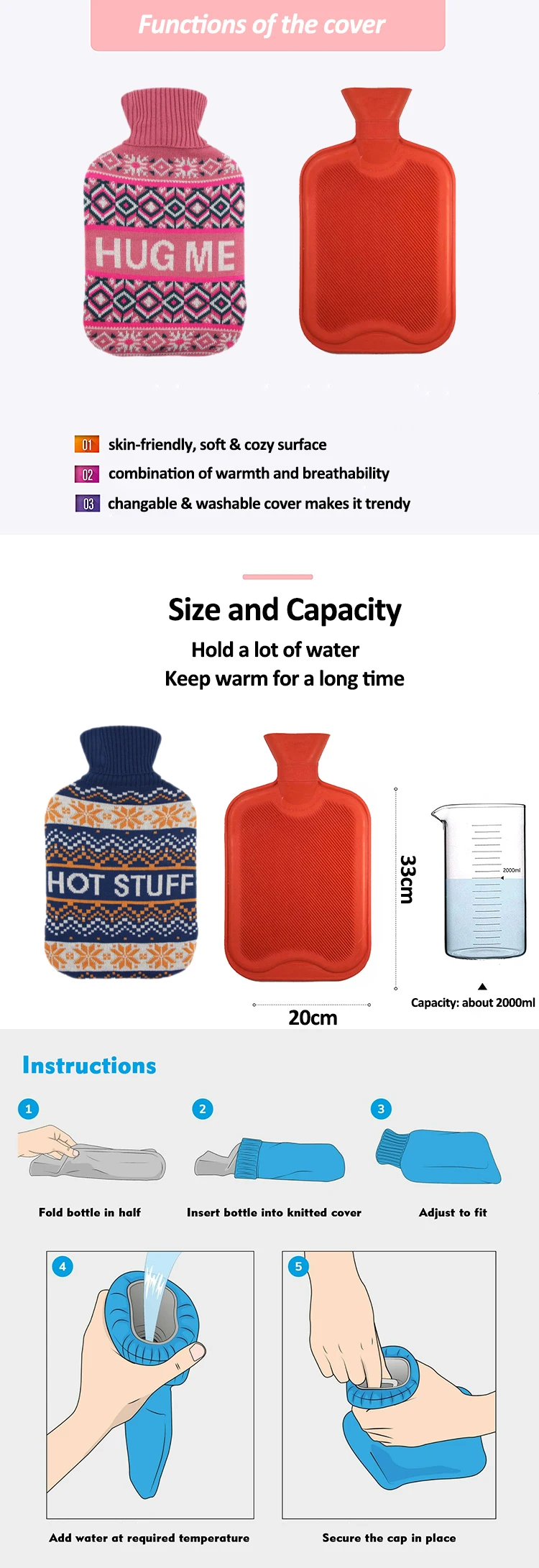 high quality wholesale manufacturer 1000ml / 2000ml hot water bag with knit cover