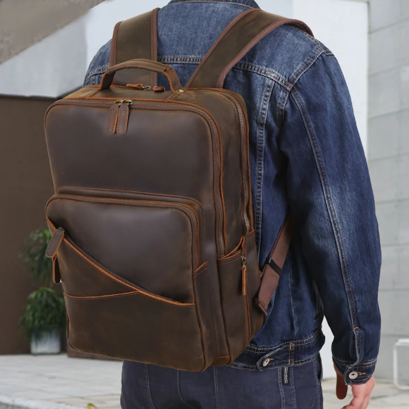 Genuine Full Grain Leather Cowhide Backpack with Laptop Pocket and Stroller 1pc vintage genuine leather mens backpack fashionable full  main image 3