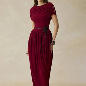 ZYHT 73672 Women Clothing Manufacturer Summer Short Sleeve Burgundy Maxi Pleated Ladies Long Party Elegant Chic Evening Dress