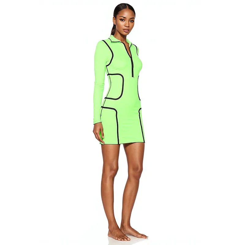 slim fit dress slacks SSYS The Zoey Ruffle Collar Neon Zipper Dress In Green *FINAL SALE*