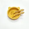Ciotola in silicone a forma di orso arancione con manico in legno, cucchiaio, per