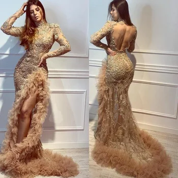 Women Luxurious Evening Dress Long Sleeve Lace Beads High Neck Mermaid Backless Prom Gowns With Ruffles High Slit