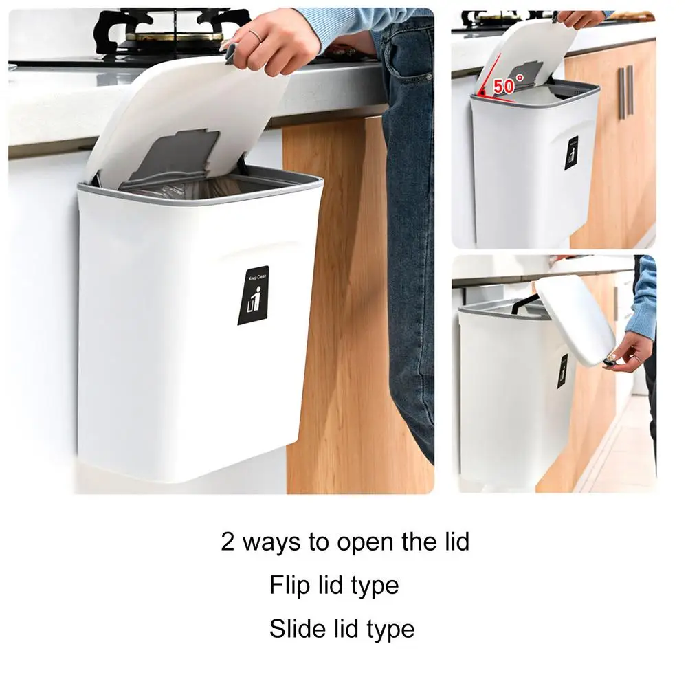 Wall Mounted Kitchen Cabinet Door Garbage Bin With Lid Plastic Hanging Waste Bin Punch-Free Trash Can