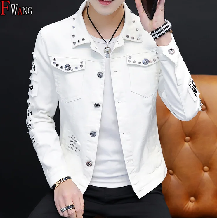 Spring and Autumn Personality Denim Jacket Male Korean Style Ripped Denim  Clothing Trend Social Guy Rivet Jacket Coat
