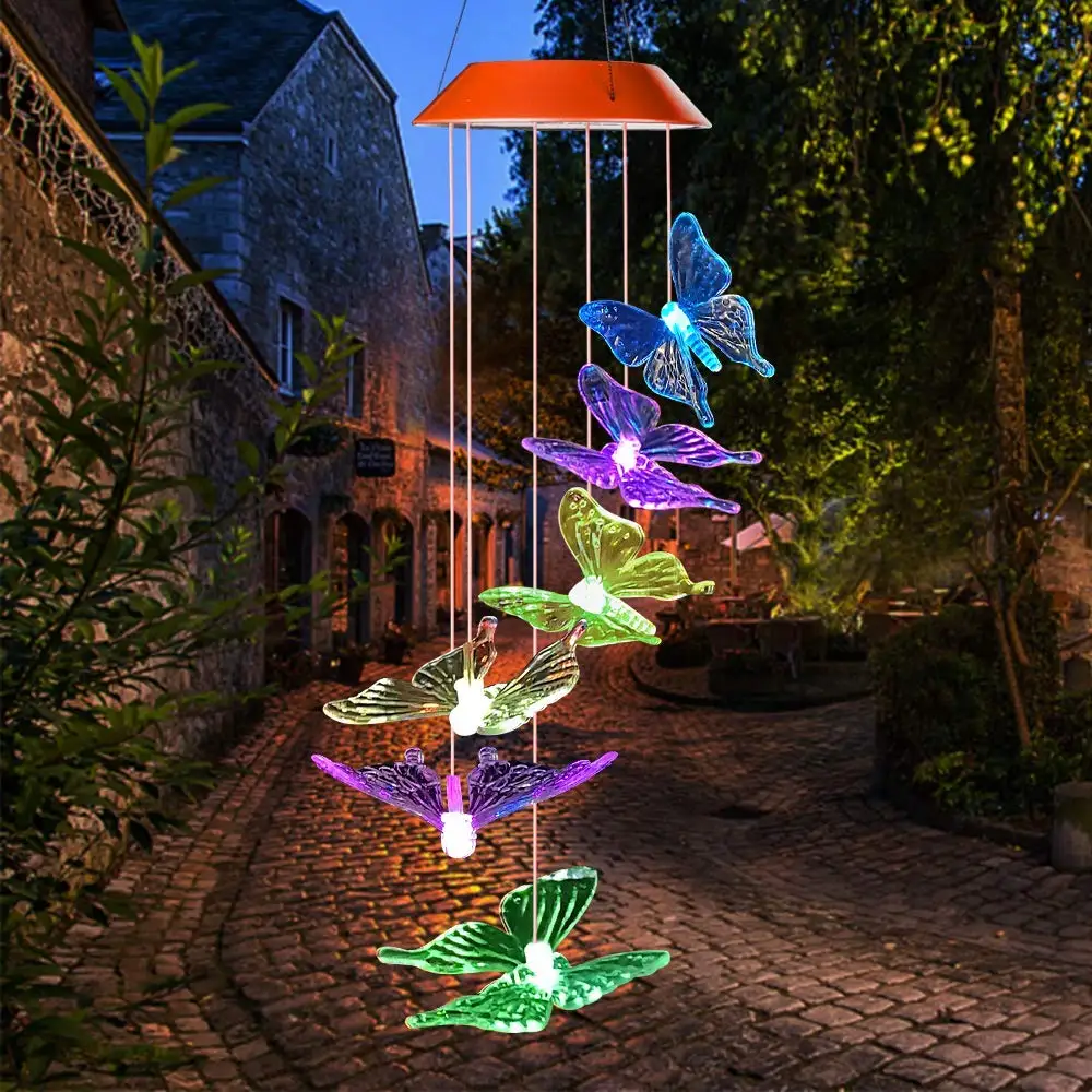 Solar Color Changing LED Butterfly Wind Chimes Lamp Room Balcony Hanging Light 