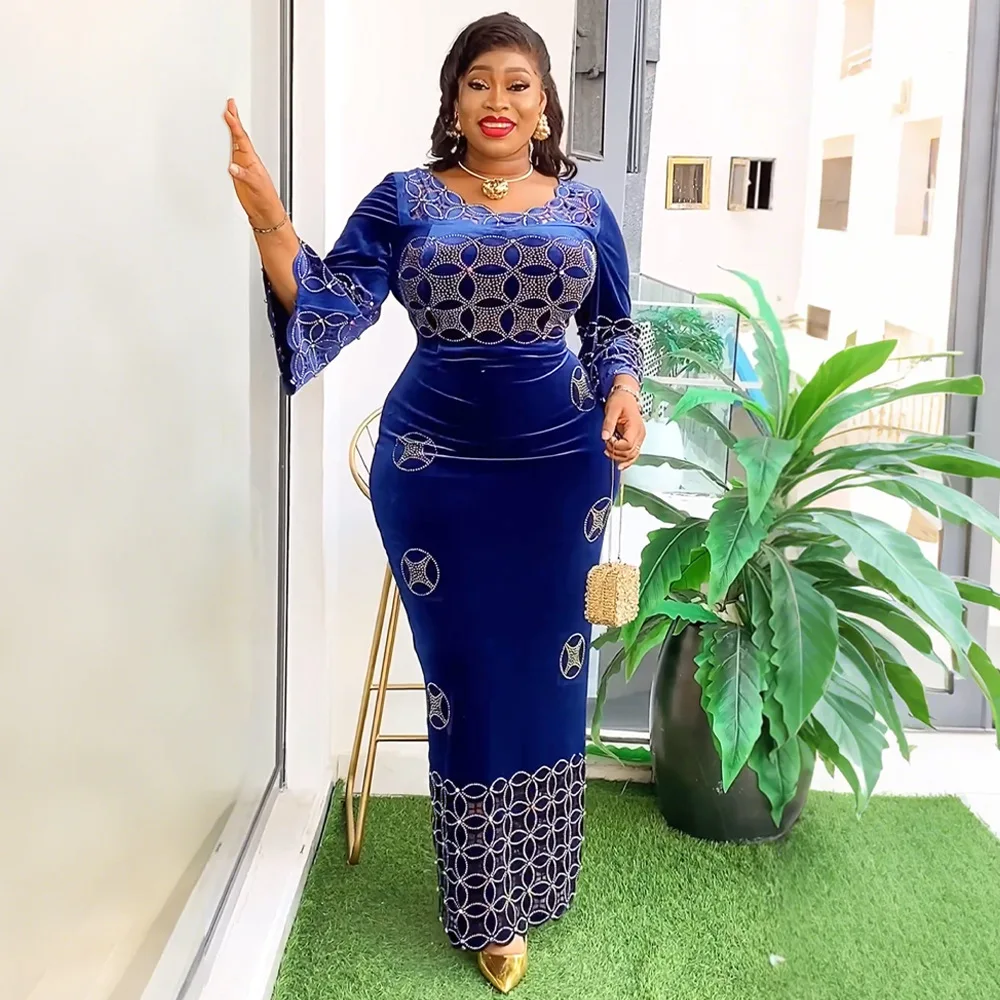Elegant Summer Bodycon Maxi Dress Long Sleeves Rhinestones Elegant Velvet  Dashiki for African Party Formal Events Made Polyester