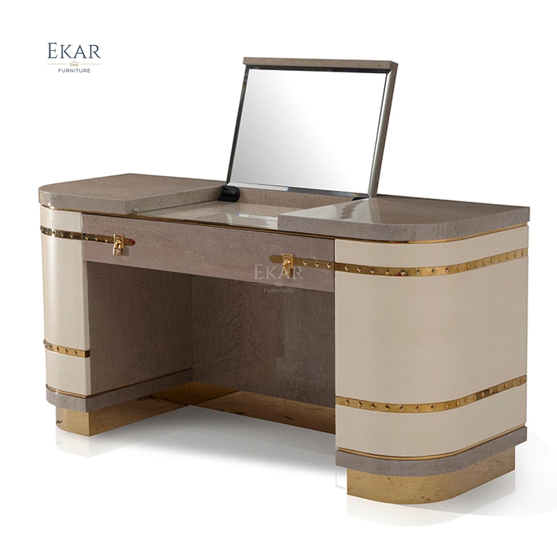 product modern luxury gold vanity table with standing mirror solid wood glamorous makeup dressing table for bedroom or hotel use-62