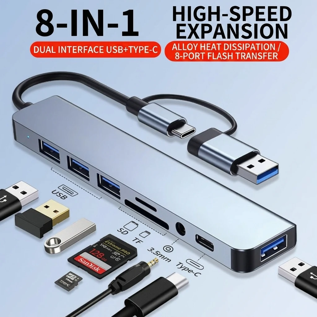 8 in 1 USB C Hub Dual Port USB a and Type C Adapter with 4K HDMI PD Charging RJ45 Ethernet USB 3.0 SD TF for Laptop MacBook PC