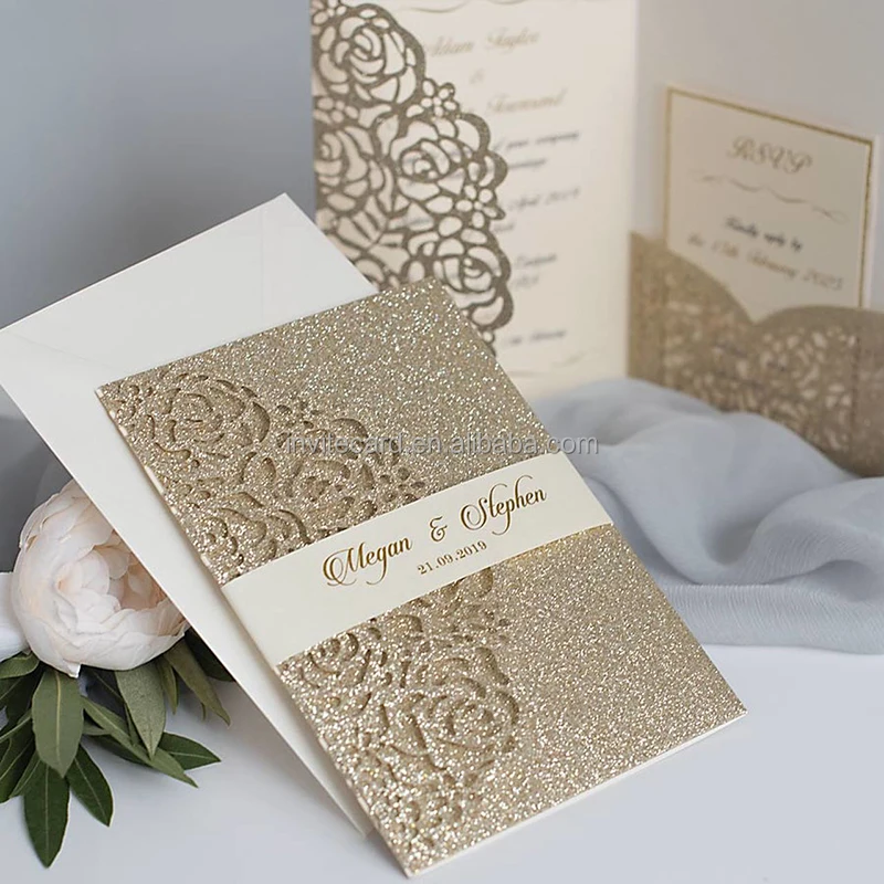 Luxury Champagne Glitter Rose Pocket Fold Wedding Invitation Cards With ...