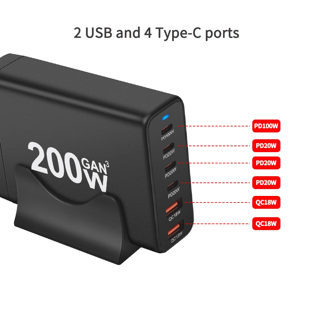 2A4C 200W GaN Tech Ports USB C PD USB C 45W 30W USB-A GaN Charger  for iPhone for Samsung