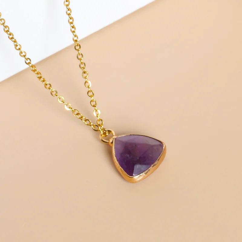 NUORO Temperament Gold Chain Triangle Shape Nature Stone Necklace Green Aventurine Rose Quartz Amethyst Pendant Necklace