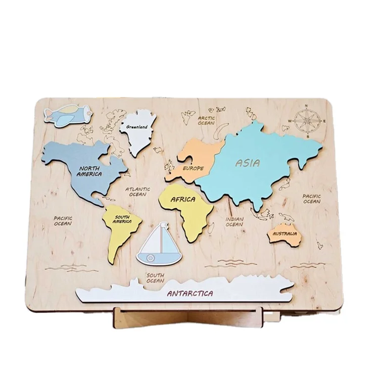Wooden World Map Puzzle Colour Printing Montessori Puzzle Map for Child