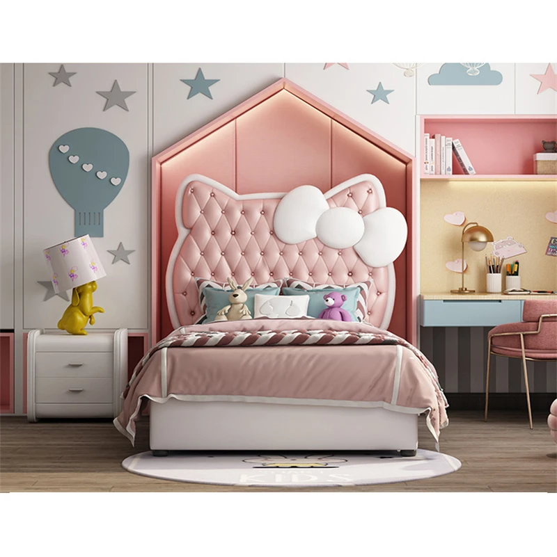 Cute pink leather headboard single bed children's bed princess design