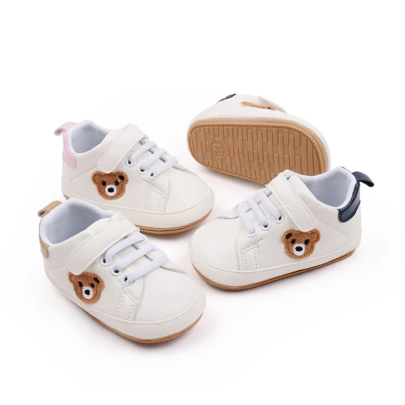 Cute Plush Bear Pattern Decoration Baby Soft Soled Non-slip Toddler Small White Shoes