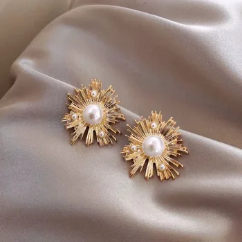 Vintage Hong Kong Style Golden Pearl Earrings Exaggerated Large Earrings 925 Sterling Silver Needle Princess Temperament