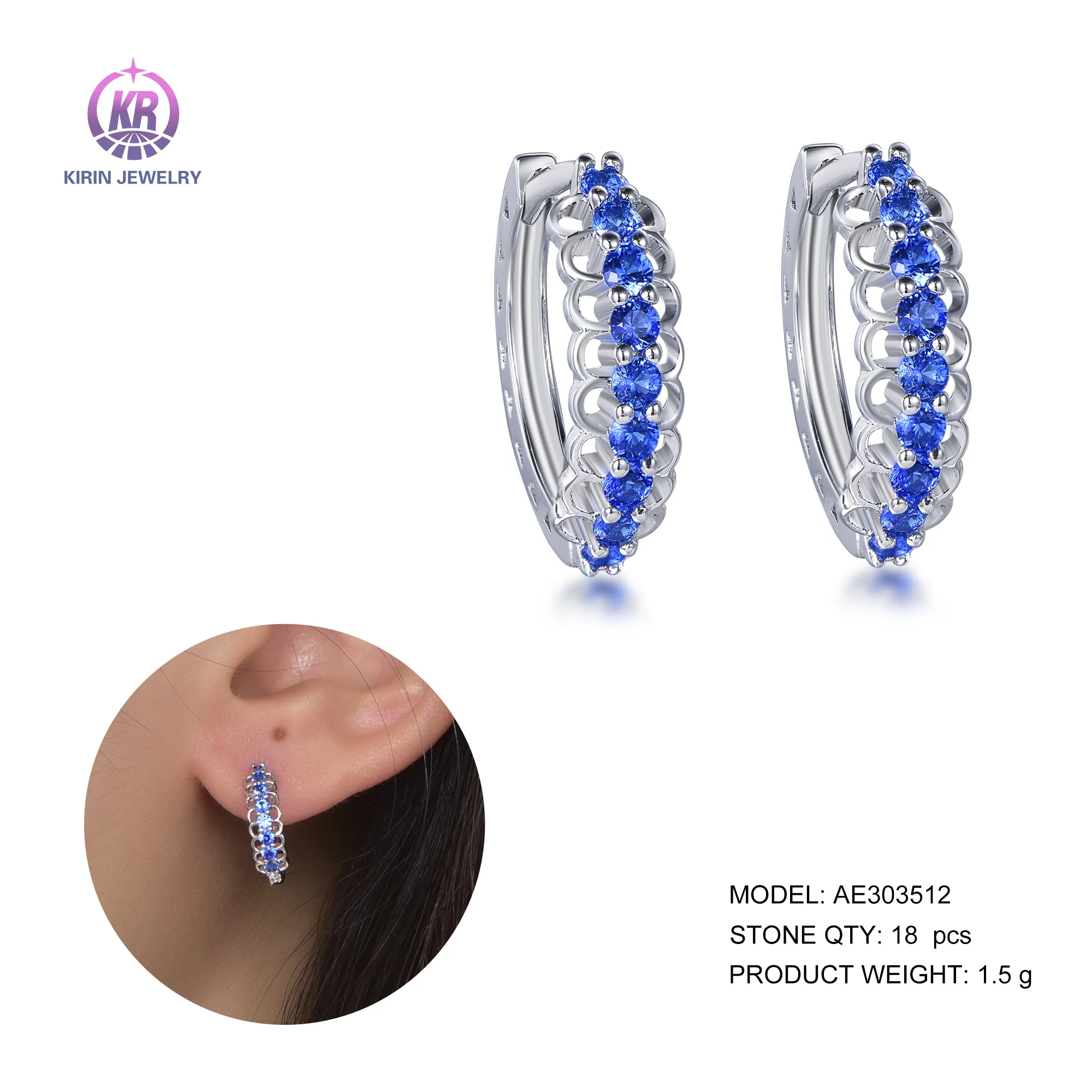 Pendiente de arete 925 sterling silver earrings arete de plata blue spinel gem huggie hoop earrings