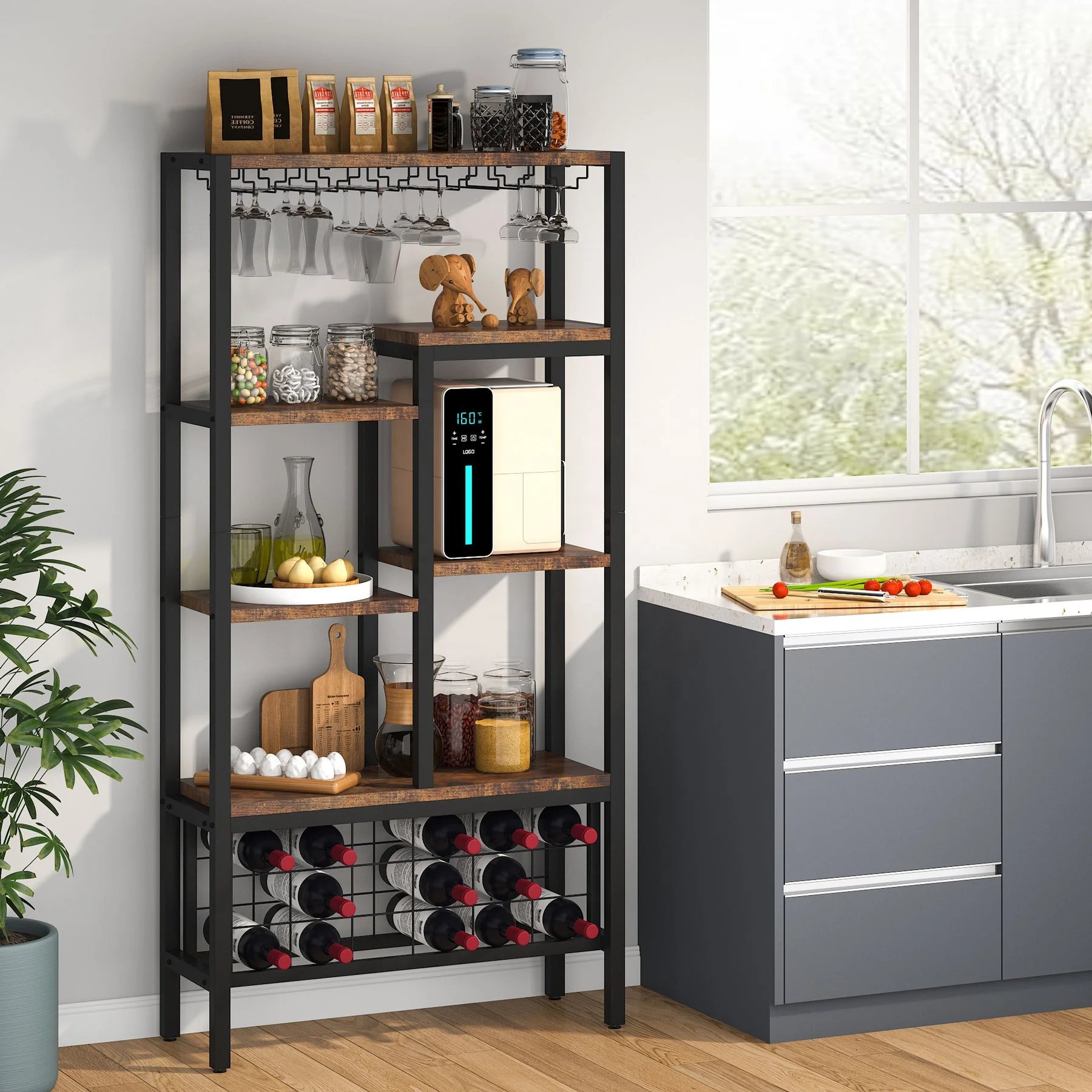 Tribesigns Portabottiglie Da Pavimento - Scaffale Vino 5 Livelli Con Supporto Bicchieri | Stile Industriale Per Bar E Casa