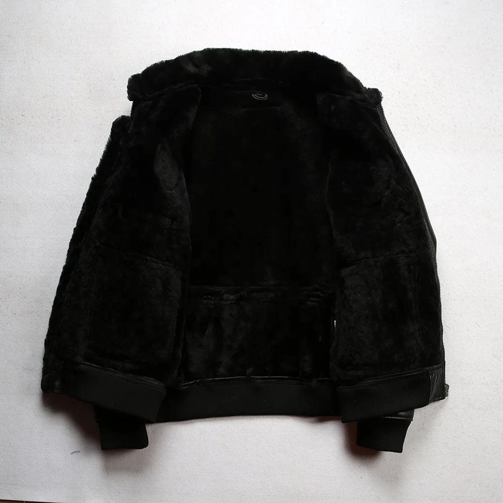 Original ecological fur sheep skin wool shearing men's black bomber genuine leather jacket thickened warm coat_voghion.com