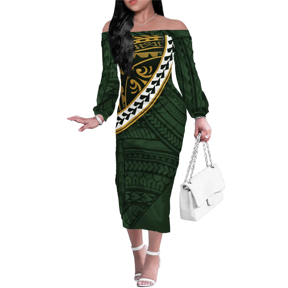 Wholesale on Sale Trending Green Long Sleeve Tight Skirt Polynesian Print  Flexible Fabrics Formal Occasions Dress| Alibaba.com